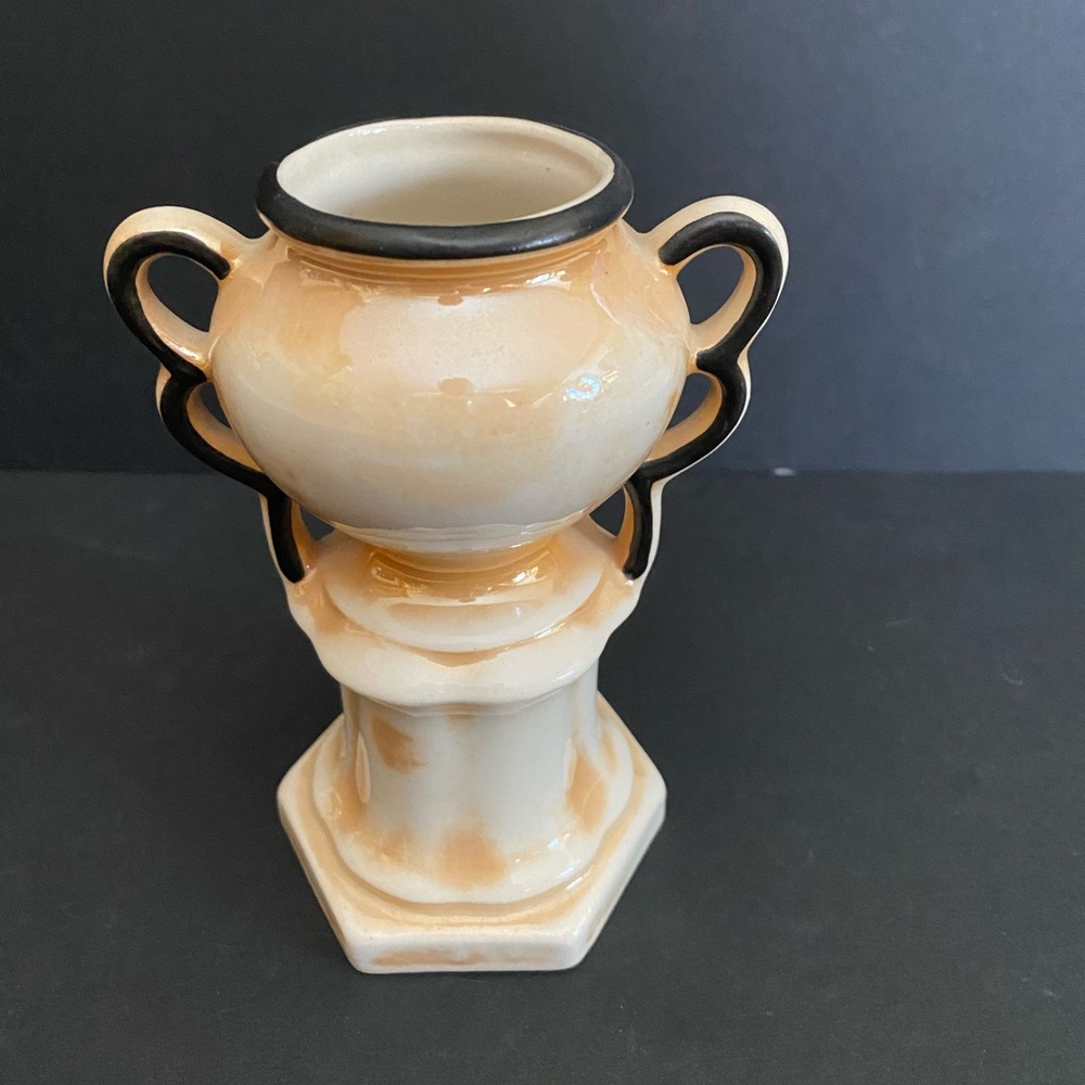 Vtg  1920s Pottery Czechoslovakian Iridescent Gold With Loving Cup Handled Vase